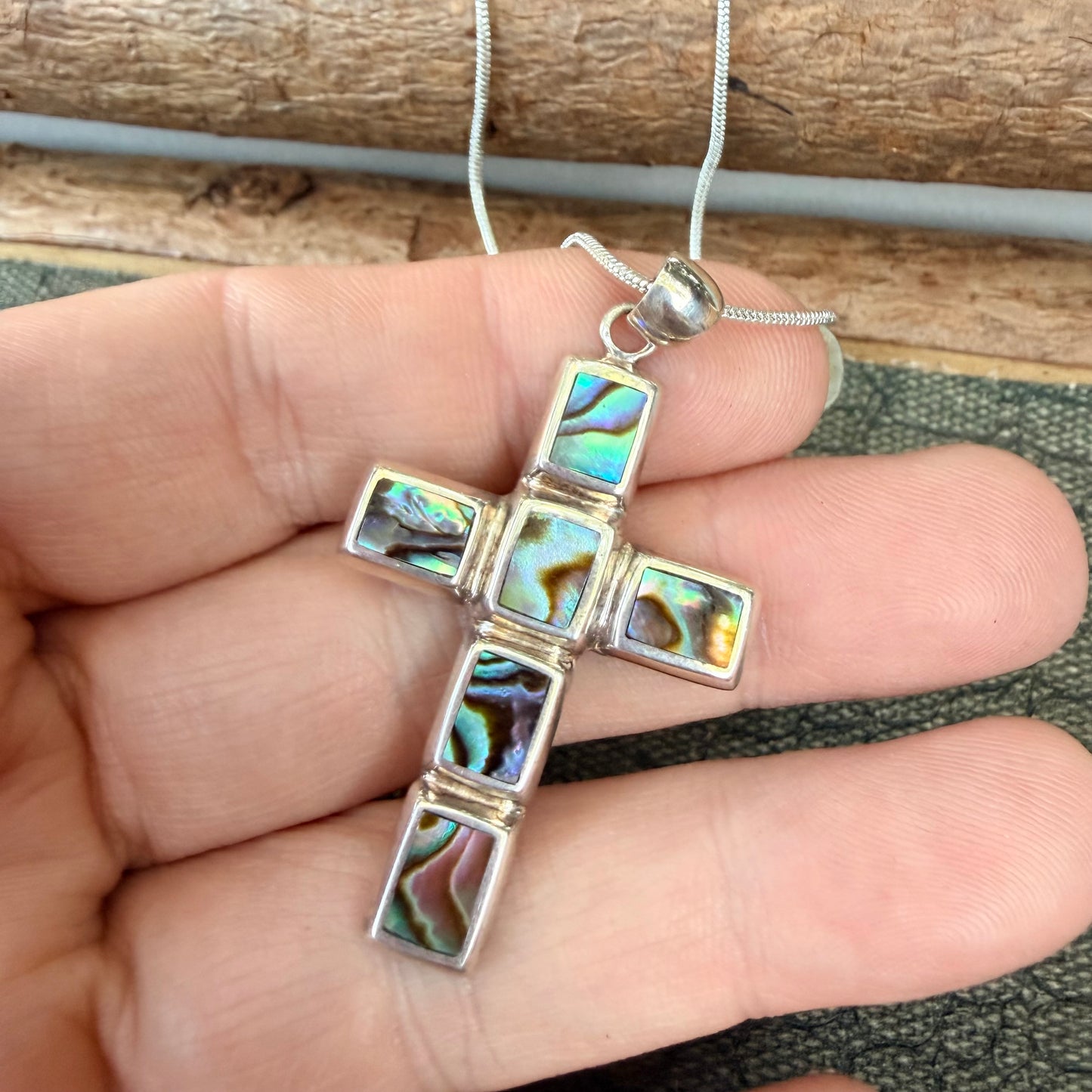 Sale - 1.9" Abalone Sterling Silver Cross Pendant on 18" Sterling Silver Chain