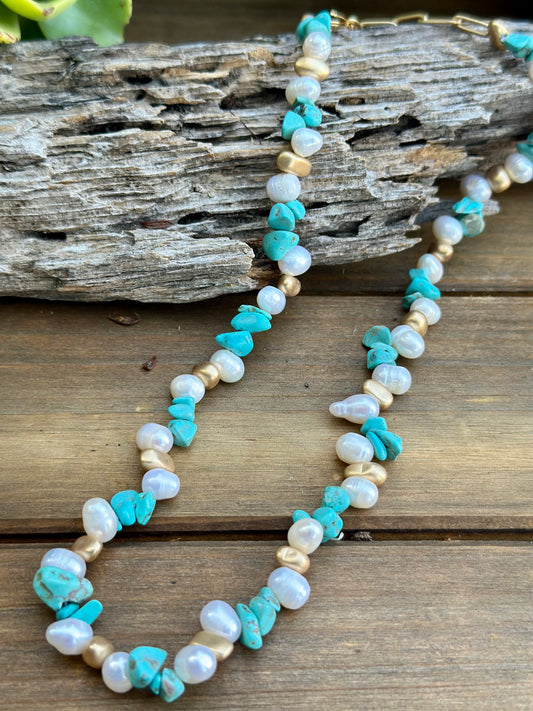 N0826 Pearl Turquoise Gold Sterling Necklace (17”-19”)