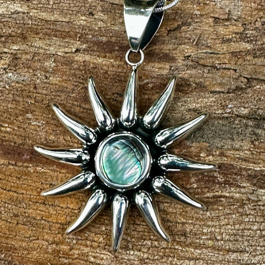 N0894 Abalone Sunburst Sterling Necklace (18” + 2.25” pendant)