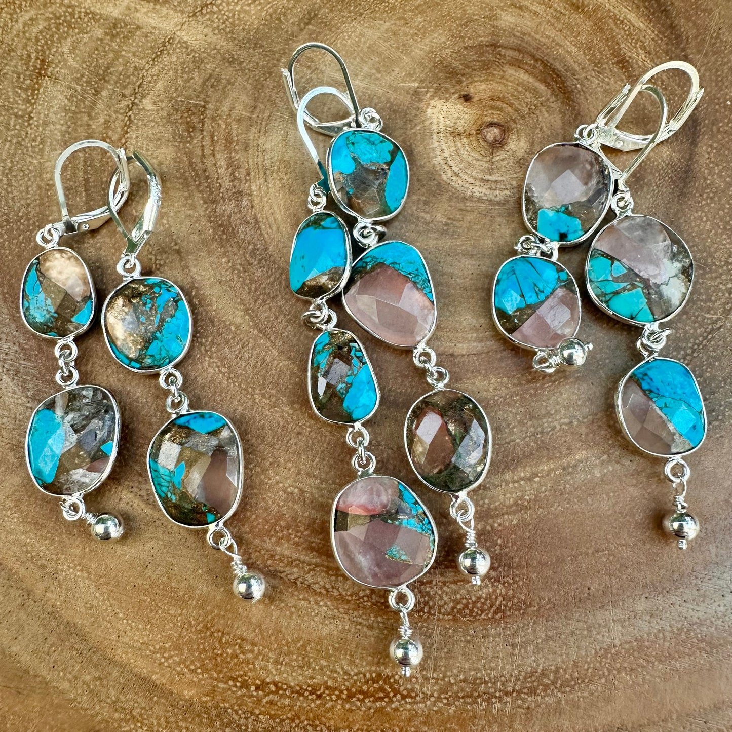 Mohave Rose Quartz Copper Turquoise Drop Earrings (3”)