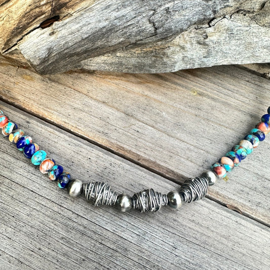 Turquoise Lapis Spiny Navajo Pearl Necklace (18”-20”)