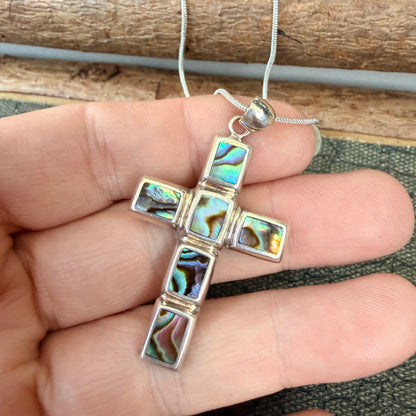 Sale - 1.9"  Abalone Sterling Silver Cross Pendant on 18" Sterling Silver Chain