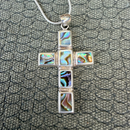 Sale - 1.9"  Abalone Sterling Silver Cross Pendant on 18" Sterling Silver Chain