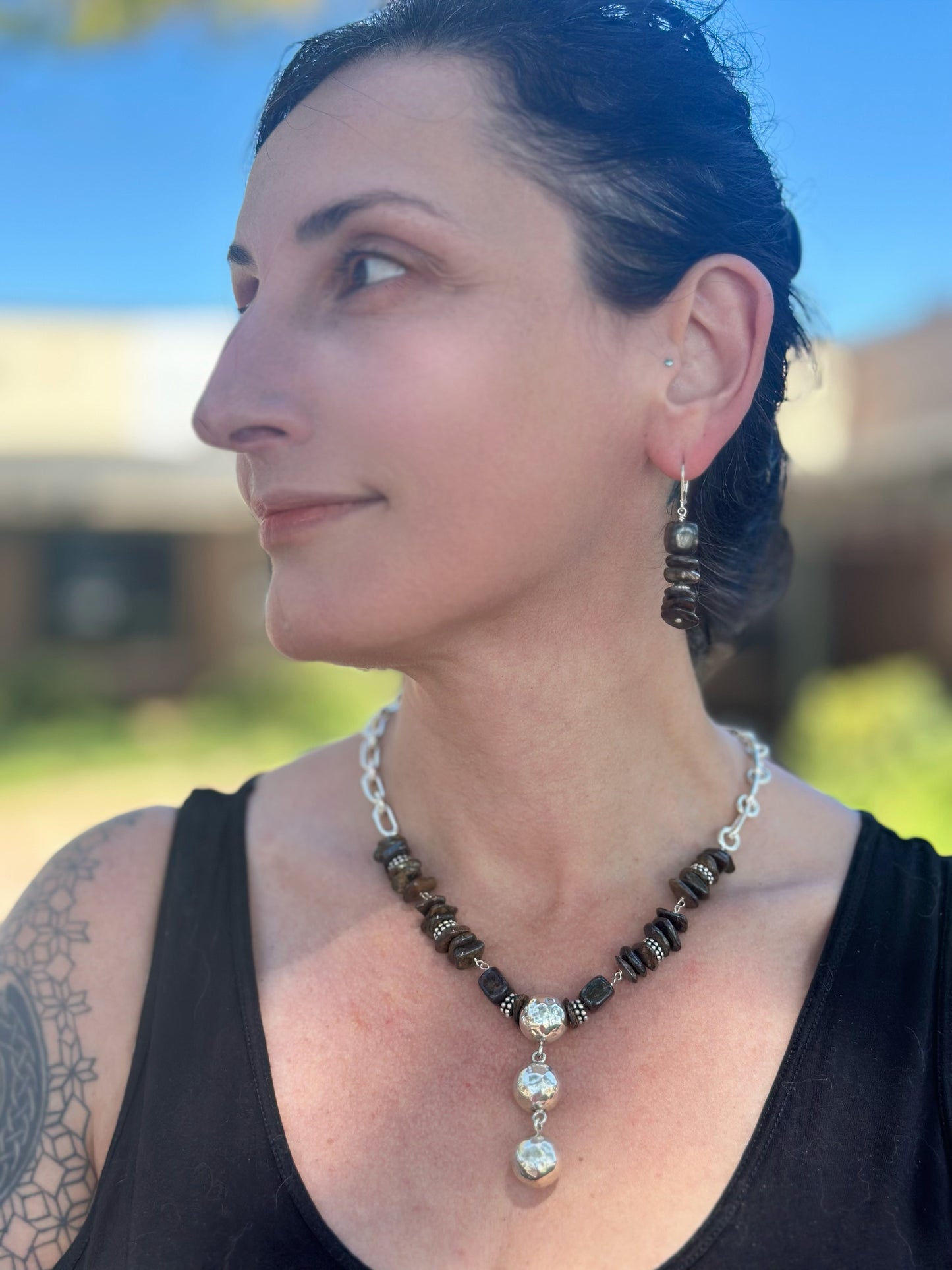 N0865  Bronzite Sterling Necklace (18”-20” + 2.3” drop)