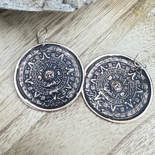 Mexico Aztec Mayan Copper Earrings 2”