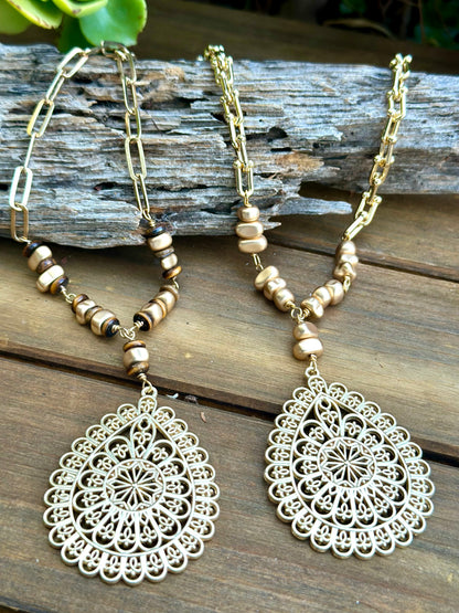 Gold Medallion Tiger Eye Pearl Necklace