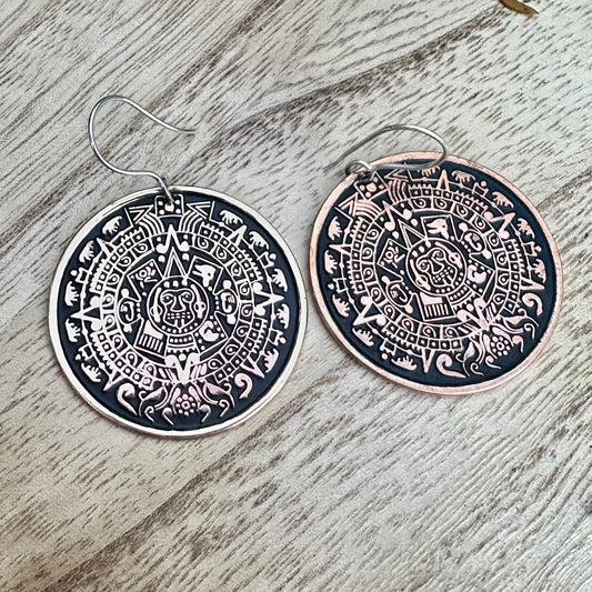 Mexico Aztec Mayan Copper Earrings 1.7”