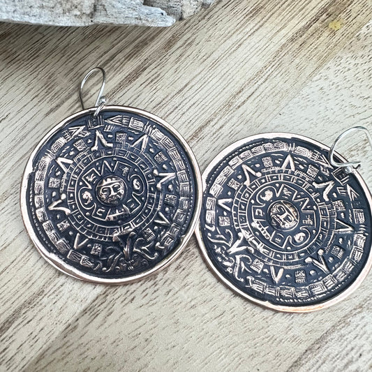 Mexico Aztec Mayan Copper Earrings 2”